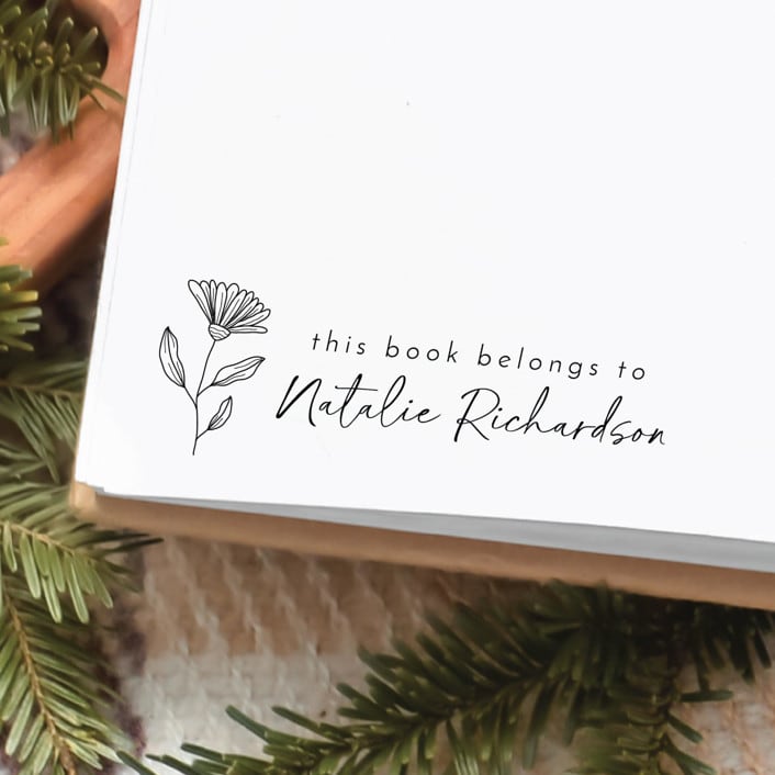 "Custom Name Daisy Book Stamp | Book Lover Gift" - Book Stamp in black by Samantha Malvey