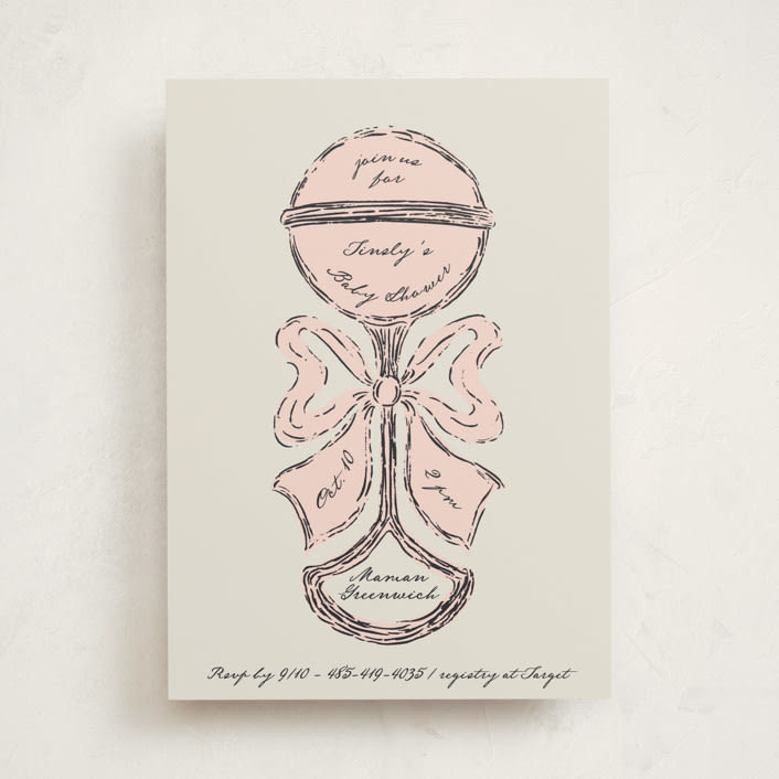 "Antique Rattle" - Baby Shower Invitations in Rose by Gwen Bedat - Front