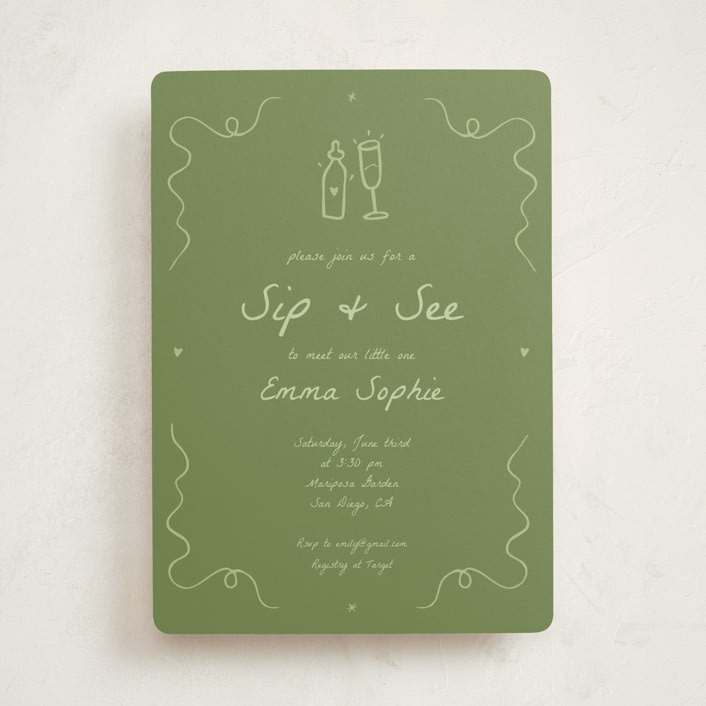 "Doodle Sip and See" - Baby Shower Invitations in Moss by Stephanie Heinrich Godbout - Front