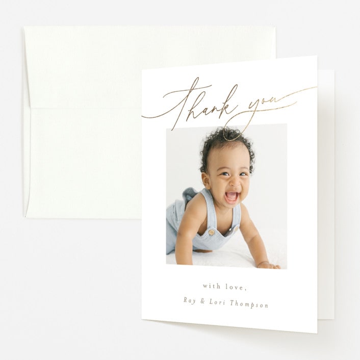 "Galleryish" - Foil-Pressed Birth Announcement Thank You Cards in Snow by AK Graphics - Front