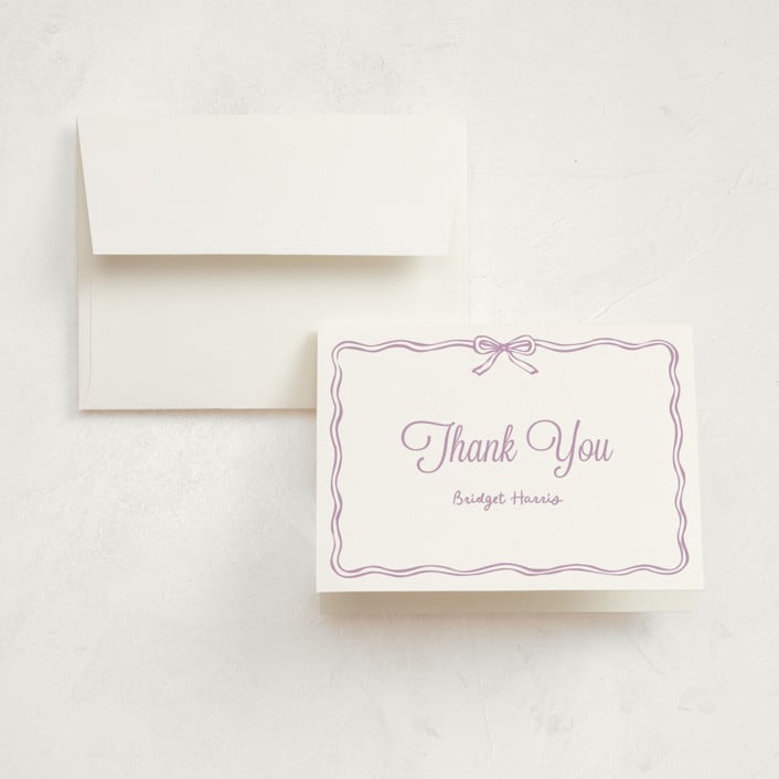 "Bow Frame" - Birth Announcement Thank You Cards in Lavander by Cass Loh - Front