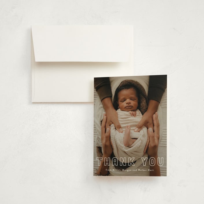 "snug" - Birth Announcement Thank You Cards in Powder by Sara Hicks Malone - Front