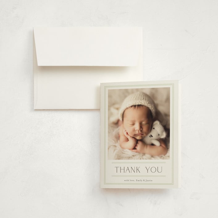 "Birth Stats Label" - Birth Announcement Thank You Cards in Lime by Shirley Lin Schneider - Front
