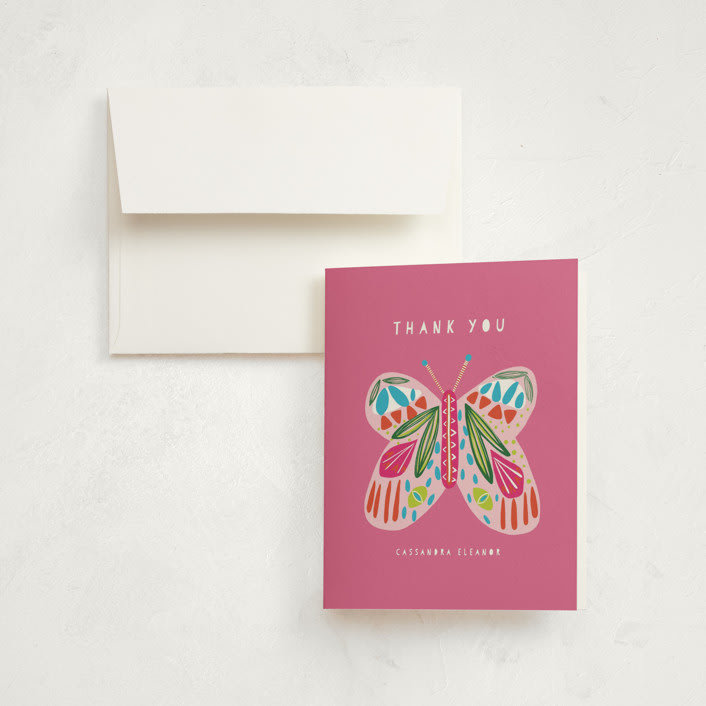 "A Butterfly" - Birth Announcement Thank You Cards in Bubblegum by Lauren Semmer - Front