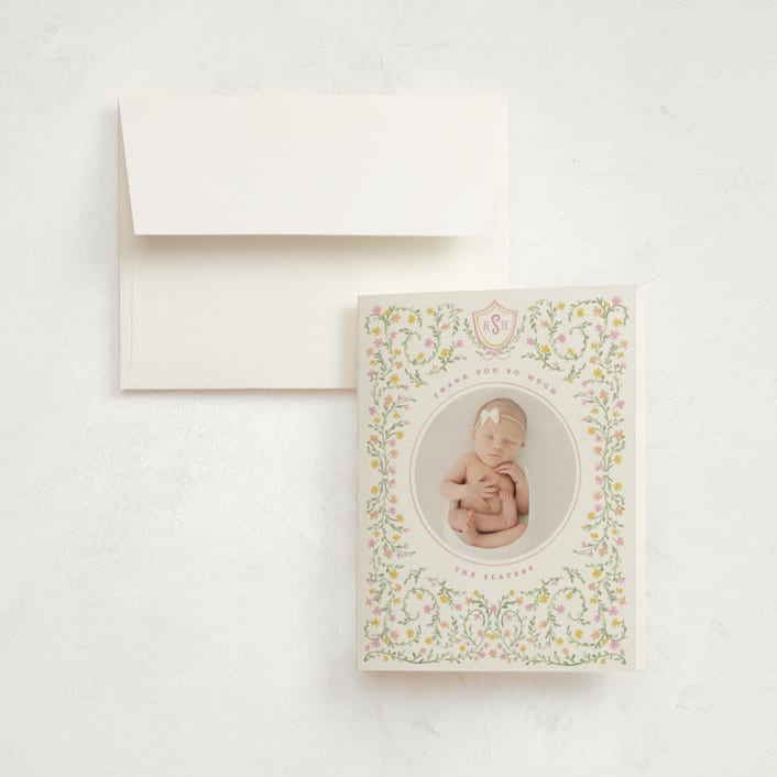 "Cottagecore" - Birth Announcement Thank You Cards in Cotton Candy by Creo Study - Front