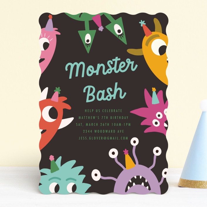 "Monsters" - Children's Birthday Party Invitations in Midnight by Morgan Kendall - Front