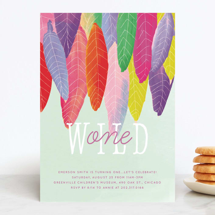 "Feather Wild One" - Children's Birthday Party Invitations in Mint by Baumbirdy - Front