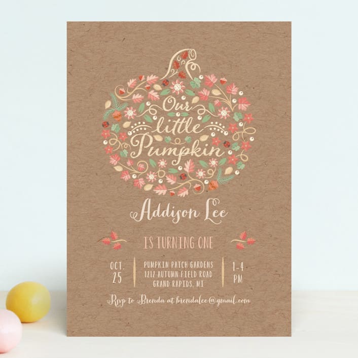 "Little Pumpkin" - Children's Birthday Party Invitations in Kraft by Paper Sun Studio - Front