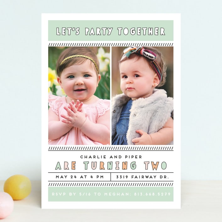 "Party Together" - Children's Birthday Party Invitations in Mist by Jennifer Postorino - Front