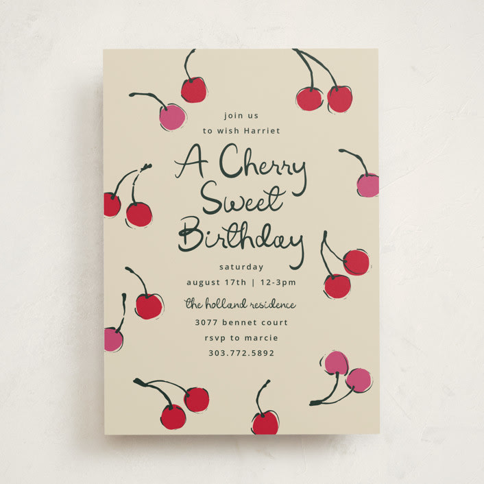 "Cherries" - Children's Birthday Party Invitations in Tomato by Kelly Watkins - Front