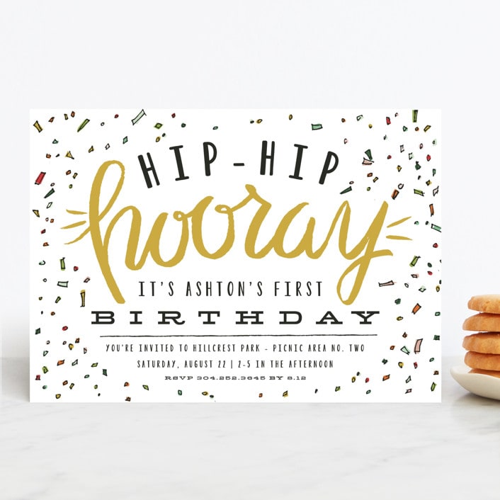 "Confetti party" - Children's Birthday Party Invitations in Butterscotch by Shiny Penny Studio - Front