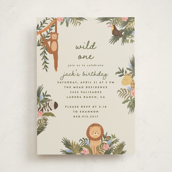 "Jungle Animals" - Children's Birthday Party Invitations in Moss by Joanna Griffin - Front