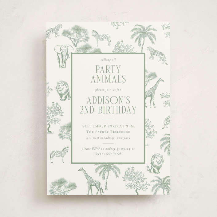 "Safari Toile" - Children's Birthday Party Invitations in Palm by Jenna Holcomb - Front