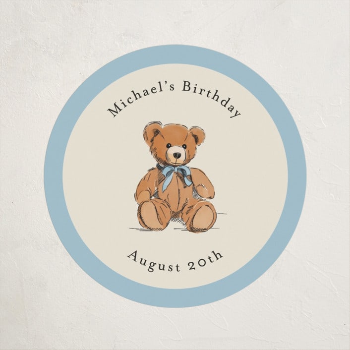"Antique Teddy Bear" - Children's Birthday Party Stickers in Frost by Becky Nimoy - Front