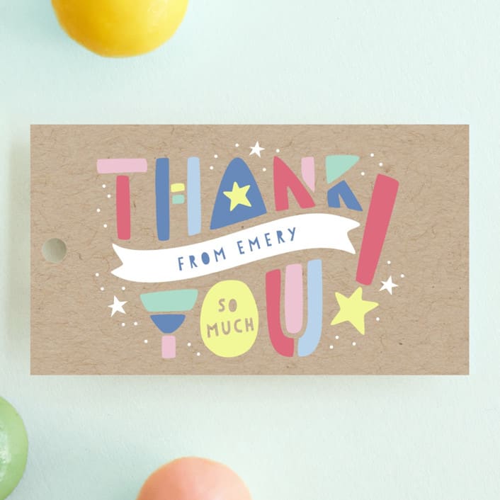 "Colorblock" - Children's Birthday Party Favor Tags in Kraft by Laura Hankins - Front