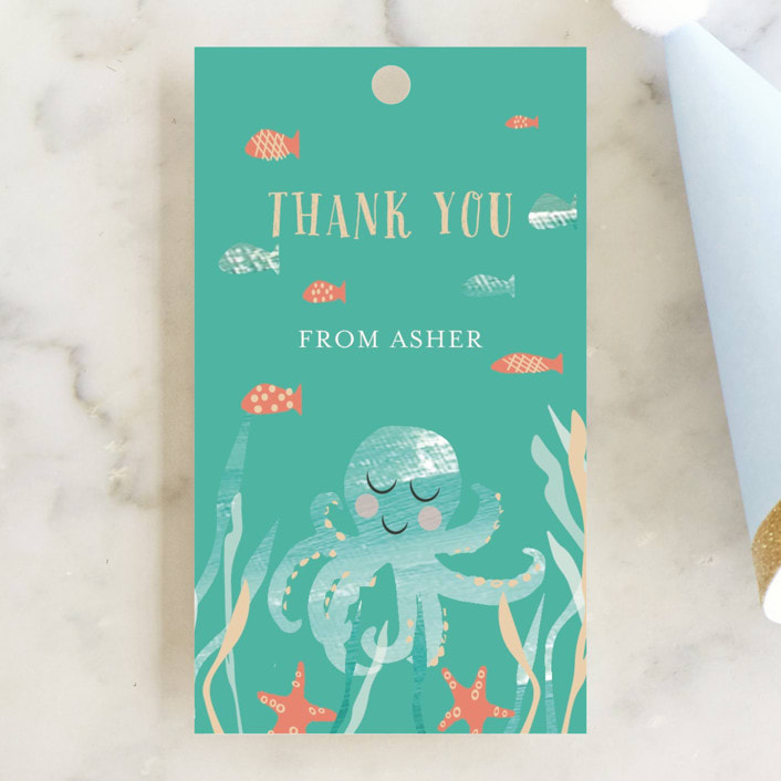 "Birthday Fishes" - Children's Birthday Party Favor Tags in Caribbean Coral by Hallie Fischer - Front