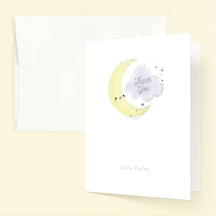 "Over the Moon" - Children's Birthday Party Thank You Cards in Lavender by Itsy Belle Studio - Front