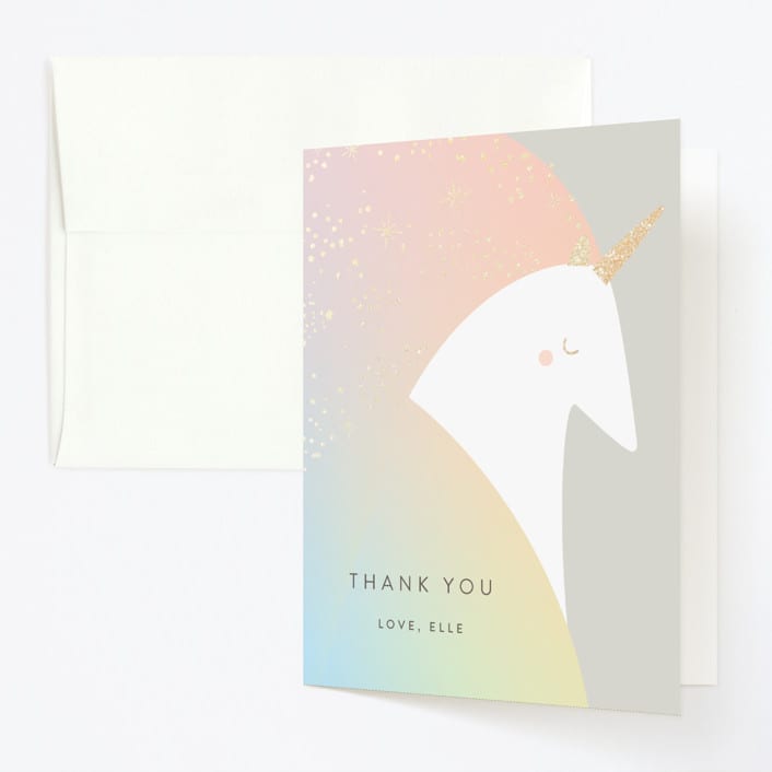 "Unicorn" - Children's Birthday Party Thank You Cards in Blush by Lori Wemple - Front