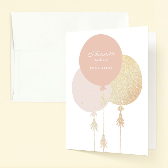 "Glitter Balloons" - Children's Birthday Party Thank You Cards in Blush by Angela Thompson - Front