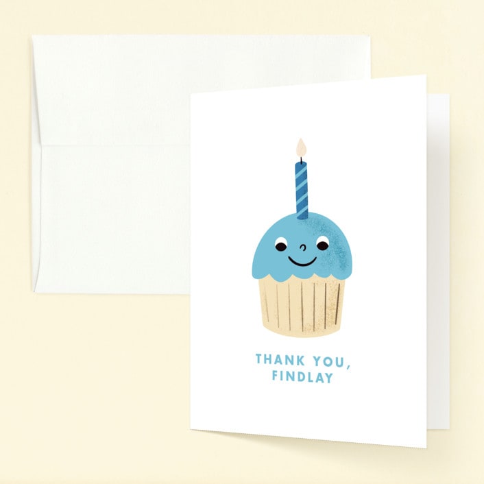 "One Cupcake" - Children's Birthday Party Thank You Cards in Bluebird by mo kelley - Front
