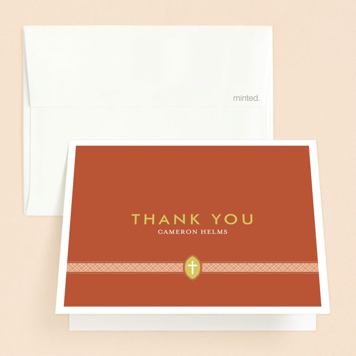 "Ribbon & Cross" - Confirmation Thank You Cards in Terracotta by Dish and Spoon - Front