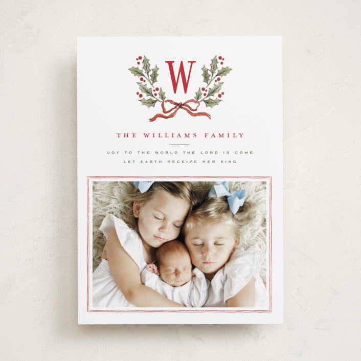 "Holly Monogram" - Holiday Cards in Holly Berry by Wildfield Paper Co - Front