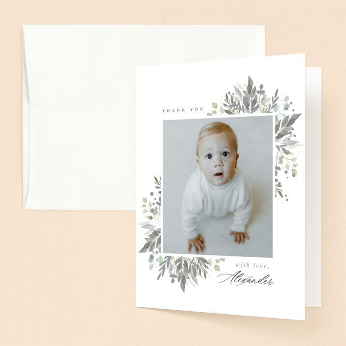 "Foliage Cross" - Baptism and Christening Thank You Cards in Eucalyptus by Hudson meet Rose - Front