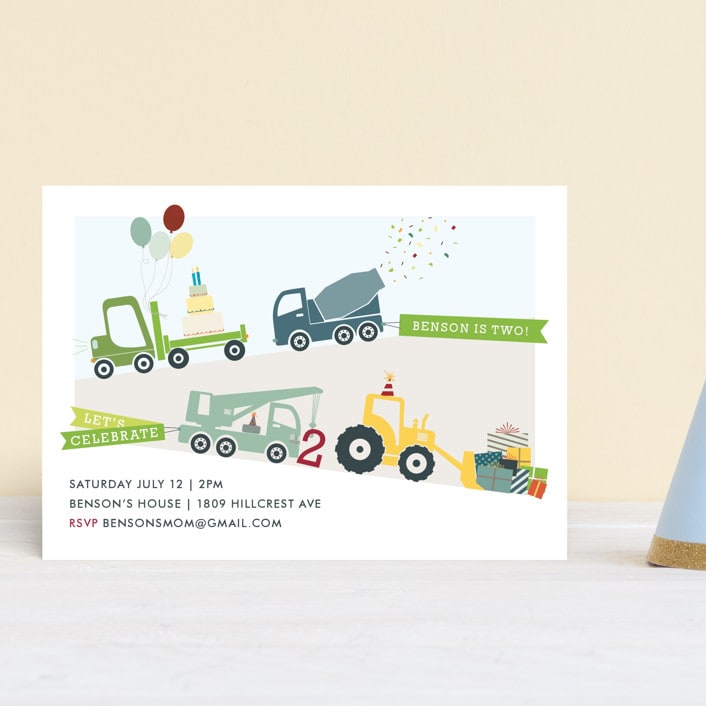 "Trucks on Parade" - Children's Birthday Party Invitations in Grass by Rebecca Bowen - Front