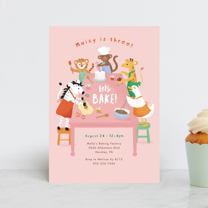 "Let's bake!" - Children's Birthday Party Invitations in Berry by Jennifer Wick - Front