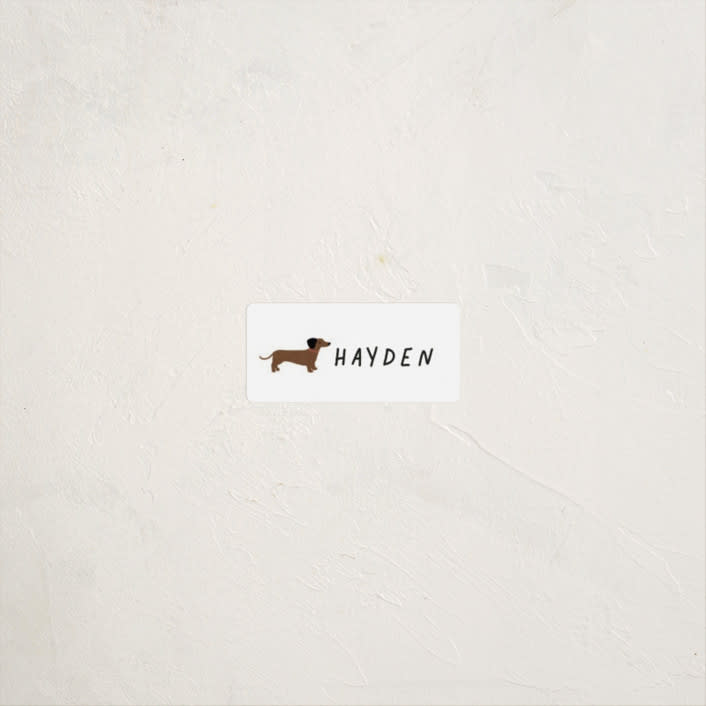 "Dachshund Pup" - Custom Name Labels in Tire by Laura Bercovich - Front
