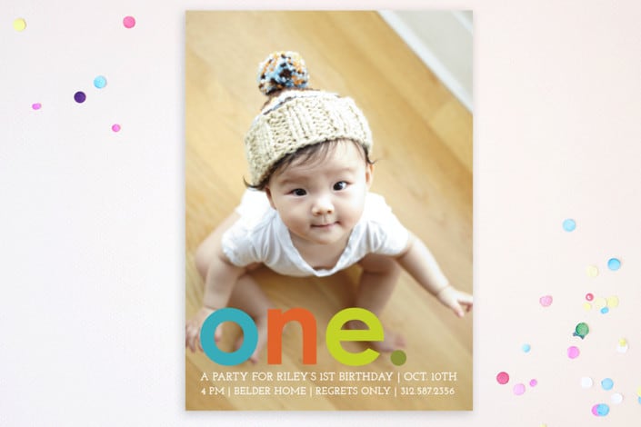 "Colorful One" - Children's Birthday Party Invitations in Teal by Denise Malacrea - Front