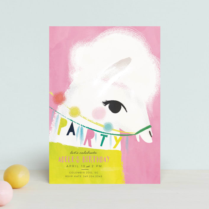 "Llama Birthday" - Children's Birthday Party Invitations in Watermelon by Lori Wemple - Front