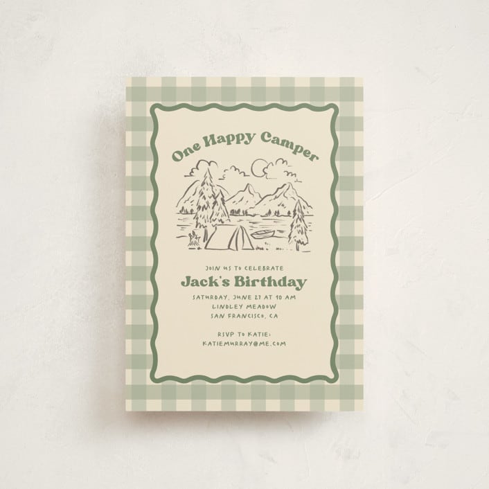"One Happy Camper" - Children's Birthday Party Invitations in Sage by Creo Study - Front