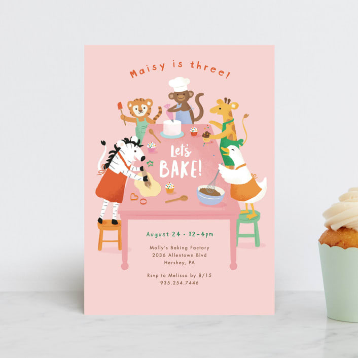 "Let's bake!" - Children's Birthday Party Invitations in Berry by Jennifer Wick - Front