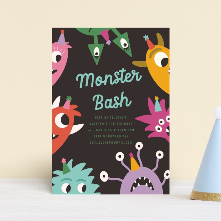 "Monsters" - Children's Birthday Party Invitations in Midnight by Morgan Kendall - Front