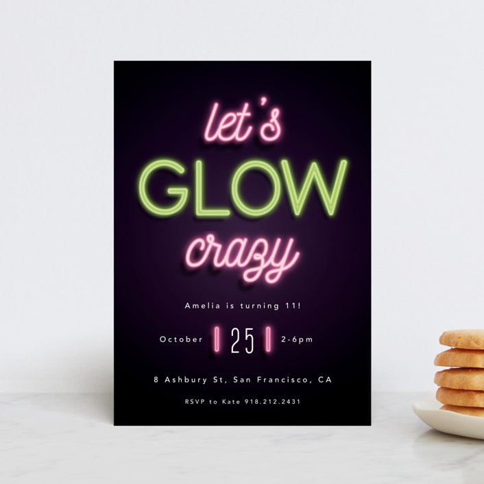 "Glow" - Children's Birthday Party Invitations in Lazer Green by Hudson meet Rose - Front