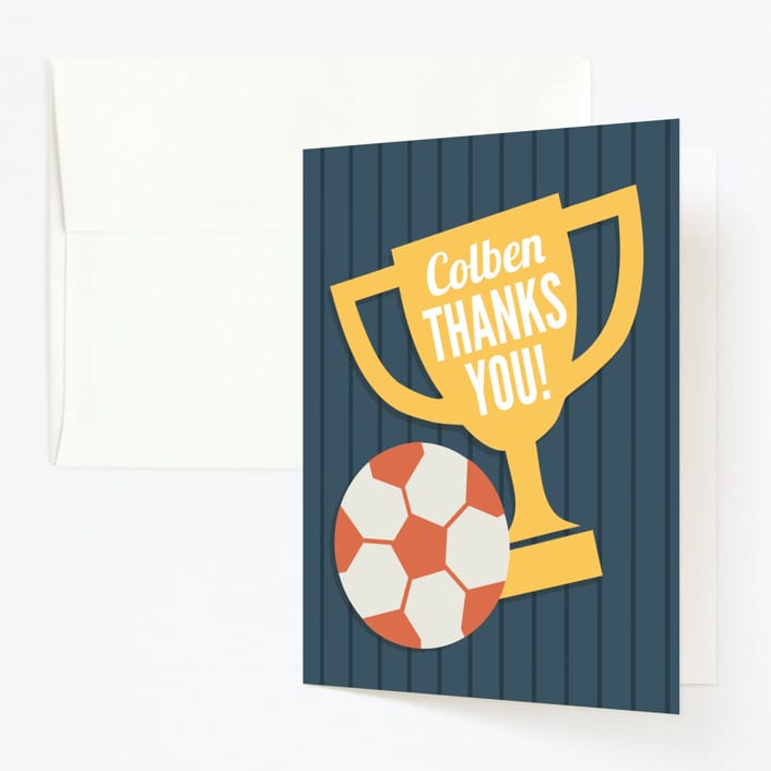 "Soccer Game Time" - Children's Birthday Party Thank You Cards in Navy by Jessie Steury - Front