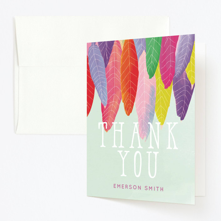 "Feather Wild One" - Children's Birthday Party Thank You Cards in Mint by Baumbirdy - Front