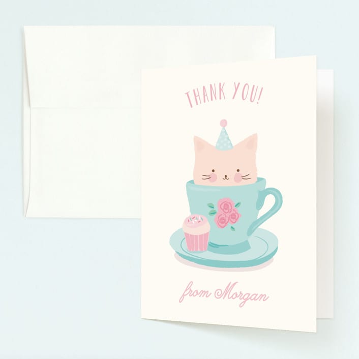 "Teacup Kitten" - Children's Birthday Party Thank You Cards in Robin's Egg by Angela Thompson - Front