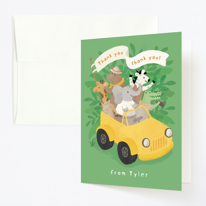"birthday safari" - Children's Birthday Party Thank You Cards in Grasshopper by Jennifer Wick - Front