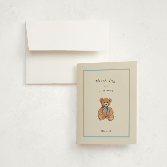 "Antique Teddy Bear" - Children's Birthday Party Thank You Cards in Frost by Becky Nimoy - Front