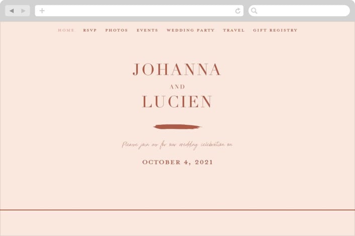 "Classic refresh" - Wedding Website in Peaches by Stacey Meacham - Desktop Design