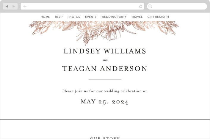 "Sketched Bouquet" - Wedding Website in Petal by Phrosné Barwood - Desktop Design