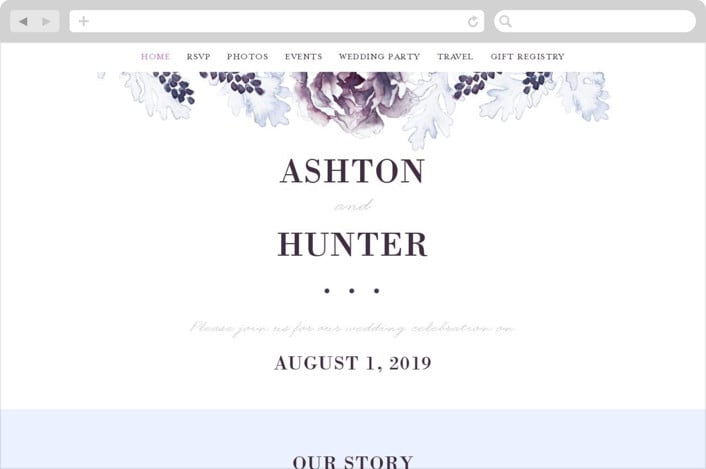 "Evening Bloom" - Wedding Website in Eggplant by Snow and Ivy - Desktop Design