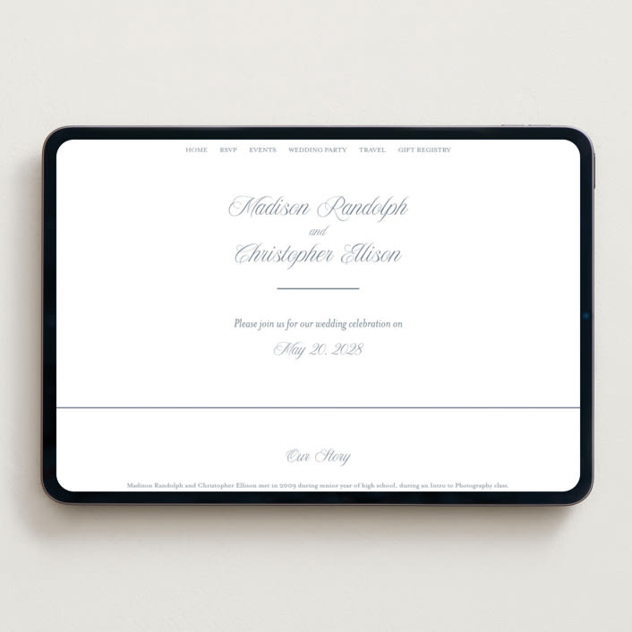 "Wildflower Corners" - Wedding Website in Bluebell by Everett Paper Goods - Desktop Design