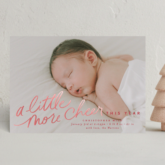 "More Cheer Now" - Holiday Birth Announcement Cards in Candy Apple by Everett Paper Goods - Front