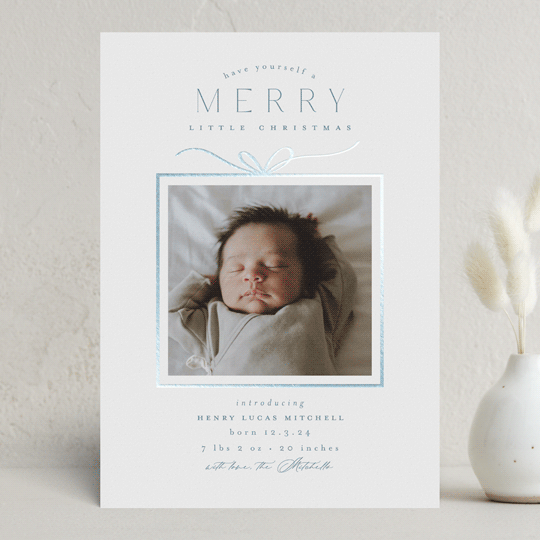 "Little Gift" - Holiday Birth Announcement Cards in Sky by Everett Paper Goods - Front