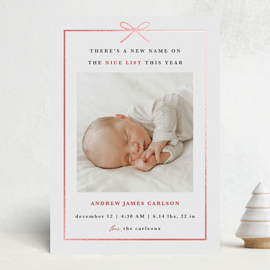 "Santa Says" - Holiday Birth Announcement Cards in Candy Cane by Maria Alou - Front