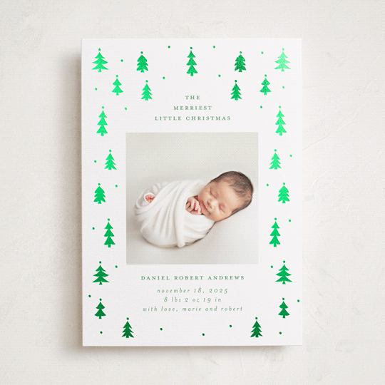 "Merry Little Trees" - Holiday Birth Announcement Cards in Icicle by Jennifer Holbrook - Front