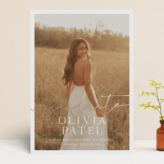"Graduate Script" - Graduation Announcements in Snow by Sarah Curry - Front